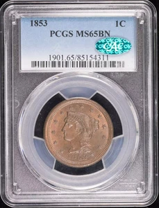 1853 P Braided Hair Cent PCGS MS-65 BN CAC CAC - Picture 1 of 4