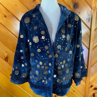 Индиго Moon новый с Ярлыками синий бархат украшенный куртка Богемский фестиваль L бахрома - Изображение 1 из 4