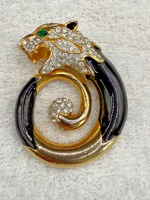 Broche Gato Vintage Estrás Esmalte Pantera Tono Dorado Foto 1 de 4
