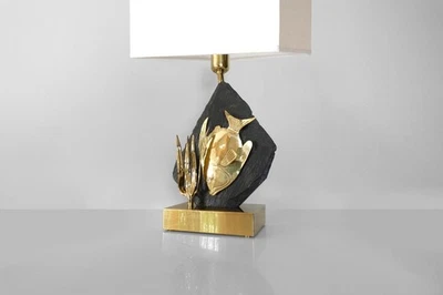 Fish Sculptural Table Lamp in Brass and Black Stone, 1970s - Image 1 of 4