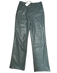 7 For All Mankind Womens Medium High Waist Faux Leather Pants Fly Zip Green New - Picture 1 of 9