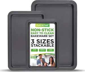 NutriChef 3-Piece Non-Stick Cookie Sheets For Baking - Heavy Duty Steel Baking - - Picture 1 of 6