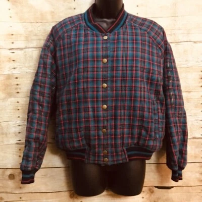 90s Bomber Jacket Size S Small Green Red Plaid Cotton Gold Snap Front Line Up - Image 1 of 4