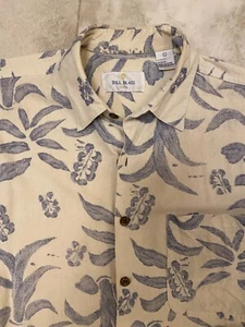  Bill Blass 100% Silk Shirt Large Blue & Beige Hawaiian Tropical Leaves - Picture 1 of 7