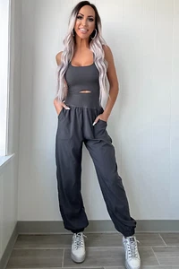 Carbon Grey Back Crossed Straps Hollow-Out Jogger Jumpsuit - Picture 1 of 16