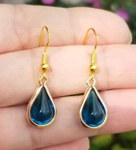 14k Gold Australian Crystal London Blue Topaz Earrings Topaz Raindrop Earrings - Picture 1 of 5