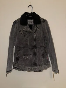 Levi's Jacket Black Acid Washed Denim Belted Sherpa Moto Punk Streetwear Women M - Picture 1 of 9
