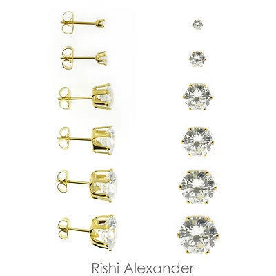 18k Gold Filled Round Cubic Zirconia Clear CZ Stud Earrings Butterfly Posts - Image 1 of 3