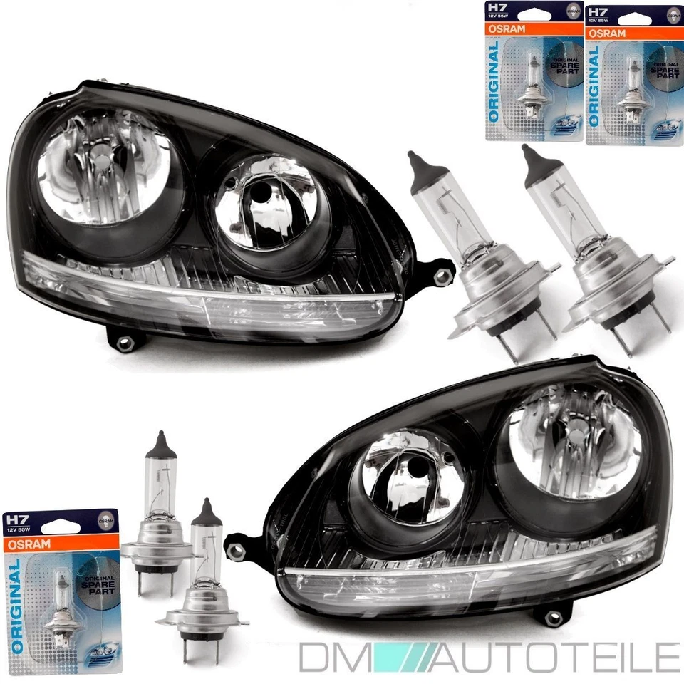 Scheinwerfer Klarglas Schwarz H7/H7 + 4x Osram passt für VW Golf 5 Jetta 03-08 - Bild 1 von 1