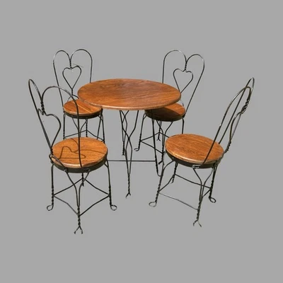 Ice Cream Parlor Adult Table & 4 Sweetheart Chairs Iron And Wood Tops 1950s - Image 1 of 4