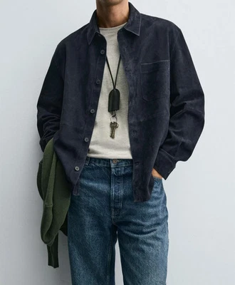 Cools Men's Navy Blue Suede Leather Shirt 100% Lambskin Made To Measure Shirt - Image 1 of 4