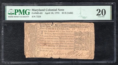 MD-63 APRIL 10, 1774 $1/3 ONE THIRD DOLLAR MARYLAND COLONIAL NOTE PMG VF-20 (B) - Image 1 of 2