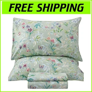 Luxury Egyptian Cotton Floral Full Size Sheet Set - Green Botanical Design - Picture 1 of 9