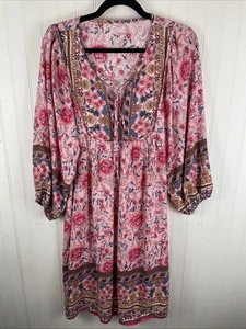 Vestido Campesino Floral Rosa Boho Sin Marca Talla-Grande Cuello en V Con Borla Corbatas - Imagen 1 de 14