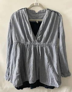 Free People Womens Blue Striped Top Size S-P Long Sleeve V Neck Boho - Picture 1 of 9
