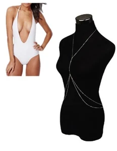 6 - 8 WHITE 1-pc Deep V Neck, Backless Swimsuit Bathing Suit w/Silver Body Chain - Picture 1 of 2