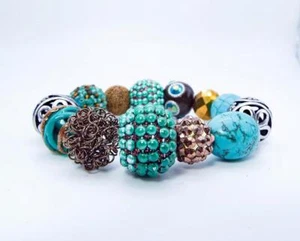 CYNTHIA LYNN "ARUBA" CHUNKY BROWN GREEN TURQUOISE GLASS BEADED STRETCH BRACELET - Picture 1 of 1