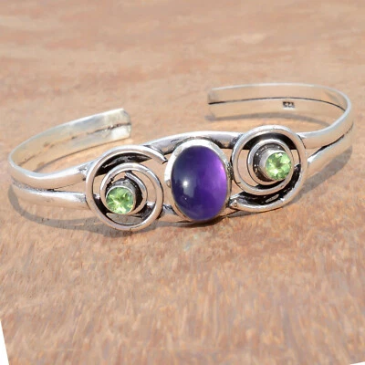 Amethyst & Peridot Cut Gemstone 925 Sterling Silver Women Cuff Fashion Bangle - Image 1 of 4