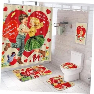 4 Pcs Happy Valentine's Day Shower Curtain Set with Non Slip Rugs Vintage - Picture 1 of 7