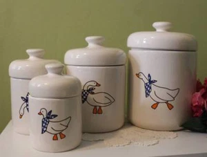 Kitchen Canister Geese Crock Set 4pc Wearing Kerchief Stoneware White Blue - Picture 1 of 8