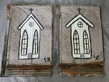  2 Hand Painted  Metal Galvanized PANEL 9 1/2" & 14" ARCHITECTURE SALVAGE  S.B.