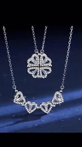 UK Woman’s Four Leaf Flower Love Heart Magnetic Pendant Necklace Chain Jewellery - Picture 1 of 7