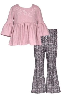 NEW Bonnie Jean Girls Size 7 "PINK & GRAY STAR" Bell Sleeve Top Flared Pant Set - Image 1 of 3