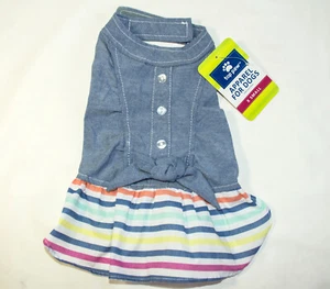 Vestito cane cucciolo top zampa denim blu corpetto fondo a righe taglia XS - Foto 1 di 5