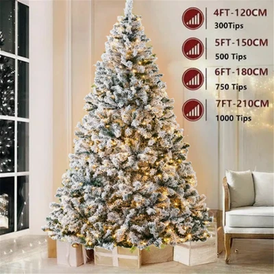 4/5/6/7FT Artificial Christmas Tree With Lights Snow Flocked Hinged Bushy Xmas - Image 1 of 4