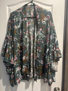Faveur Green Floral Butterfly Sleeve Open Cardigan Duster Kimono Women S Boho - Picture 1 of 8