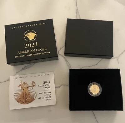 American Eagle 2021-W 1/10 oz oro prueba tipo 2 $5 21EEN con caja como nueva y certificado de autenticidad Foto 1 de 4