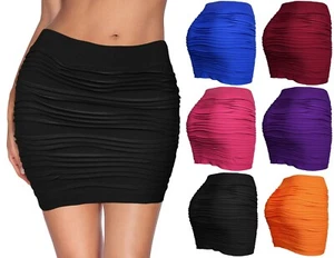 Womens Mini Stretch Seamless Solid Basic Pleated Bodycon Skirt - Picture 1 of 8