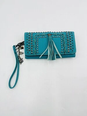 Montana West Blue Wallet/Hand Bag Gem Design W/ Charms 7.5” - Image 1 of 4