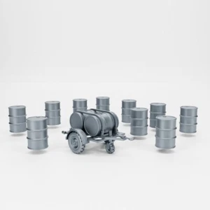 Rimorchio Carburante con 10 Barili Prop Terrain Germania Tavolo Wargaming Stampato in 3D - Foto 1 di 3