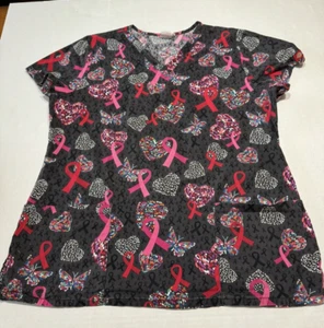 Dickies Scrubs Top Women's Large Black Cancer Ribbon Scrub Medical Dental - Picture 1 of 3