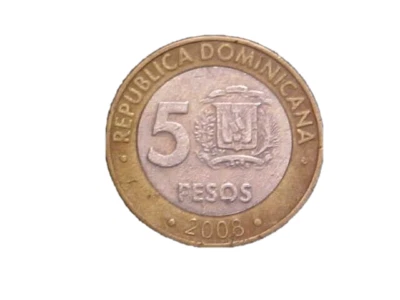 2008 Dominican Republic 5 Pesos KM# 89 Bi-metallic -Very Nice Circ!-c4129xux - Image 1 of 2