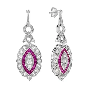 1.20ct Natural Round Diamond 14k Solid White Gold Ruby Wedding Dangler Earrings - Picture 1 of 5