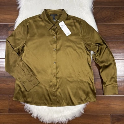 Camisa Top Eileen Fisher Talla XS Hoja Dorada Elastizada Seda Charmeuse Cuello Clásico Foto 1 de 4