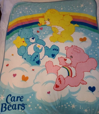 Vtg Care Bear Blanket Y2K 2003 Funshine Cheer Bedtime Rainbow Plush Fleece 5'x4' - Image 1 of 4