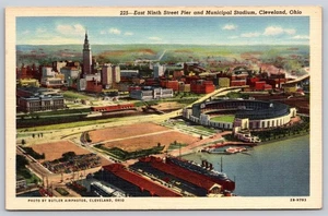 Postcard Ohio Cleveland Municipal Stadium Indians Ninth Street Pier Ships c1940s - Picture 1 of 2