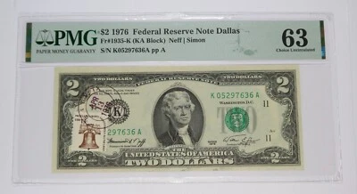 1976 KATY TEXAS - PMG Choice UNC 63 Two Dollar $2 Note with Stamp #35021F - Image 1 of 2