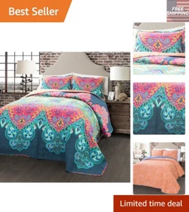 Vibrant Full/Queen Reversible Cotton Quilt Set - Bohemian Paisley Design - Picture 1 of 9