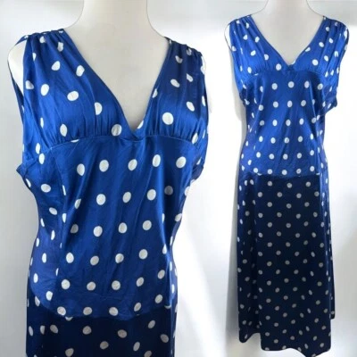 Vestido Pendleton Mezcla Seda Cintura Caída Cuello en V Lunares Azul Blanco Talla 20 Alto Foto 1 de 4