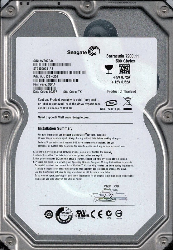 ST31500341AS P/N: 9JU138-259 F/W: SD1A TK Seagate 1.5TB - Image 1 of 1