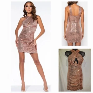 AKIRA BELIEVE THIS HYPE NECKHOLDER PAILLETTEN MINIKLEID GOLD ROSE GRÖSSE MEDIUM - Bild 1 von 7