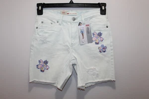 LEVI'S GIRLS LOW PITCH MIDI SHORTS DENIM DISTRESSED FLORAL OFF WHITE SIZE 12 REG - Picture 1 of 8