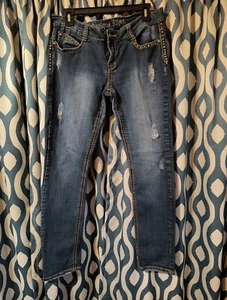 Antique Rivet Women's 13/32 Jeans Straight Leg Rivets Boho Thick Stitch Med Rise - Picture 1 of 10