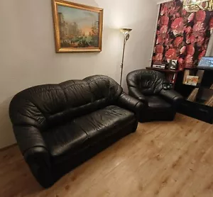 Couchgarnitur, massive Couch mit Sessel schwarz, echtes Leder, neuwertig - Bild 1 von 8