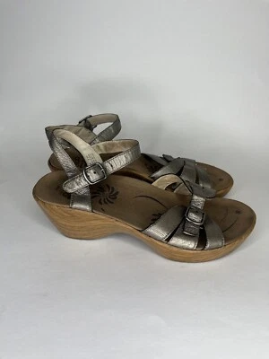 Abeo Sandals Wedge Heel Women Size 8 Silver Leather Ankle Strap Comfort  - Image 1 of 4