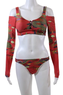 Conjunto de bikini de manga larga con estampado de dragón rojo talla M de Adriana Degreas para mujer Foto 1 de 4